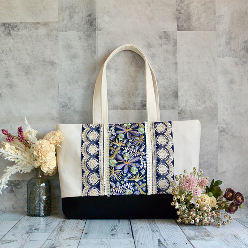 spica 黒地×白刺繍　稲穂　トートバッグ spica 黒地×白刺繍 稲穂 トートバッグ