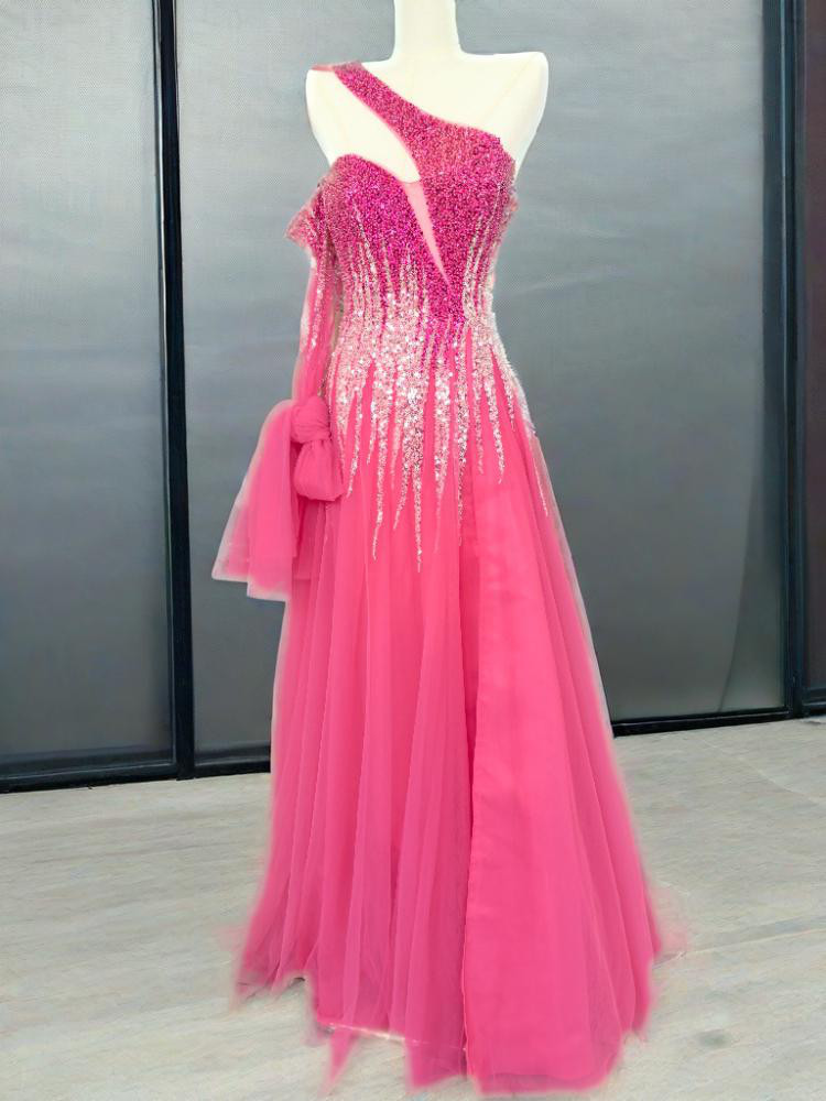 華麗 キラキラしたラメ 長ふわふわ袖 片肩バッグ（カラードレス フロントスリット   結婚式  デートパーティーS00