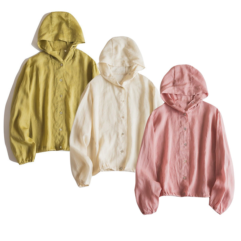 日焼け防止リネンシャツ　フード付き100%リネン長袖シャツ　薄くて涼しいゴム裾シャツ　6色　フリーサイズ　L648