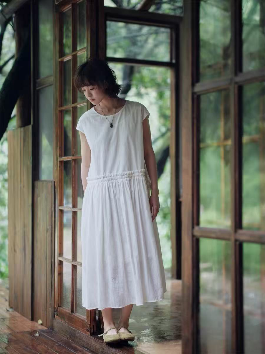 ハイウェストワンピース　ロングワンピース　半袖ワンピース　ラウンドネック