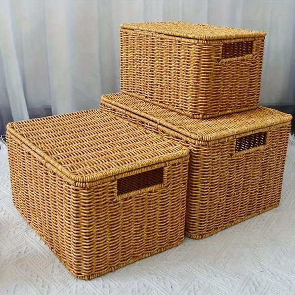 北欧風蓋付き収納バスケット3個セット 3サイズ プラスチック製 整理