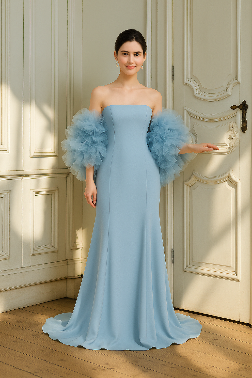 2waysブルーカラードレス  ボリューミーなチュールストール　クレープ マーメイド 　ふわふわ