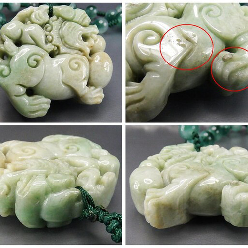 一点物緑入りひすい本翡翠母子麒麟彫刻古風天然石ネックレス711