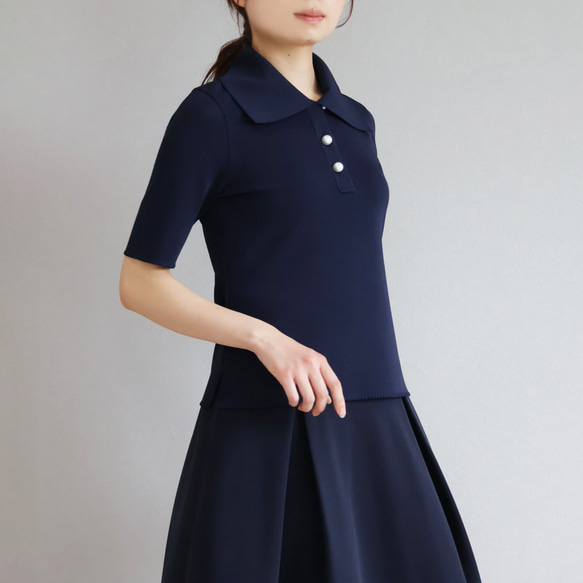 【上品さと可愛らしさが同時に叶う！】ポロ襟半袖 ストレッチプルオーバー【ブラック】 8枚目の画像