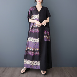 新型綿麻プリントエスニック通勤半袖ロングワンピース女性太ったmmサイズ婦人服 2枚目の画像