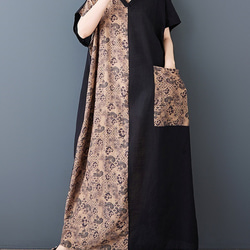 新型綿麻プリントエスニック通勤半袖ロングワンピース女性太ったmmサイズ婦人服 11枚目の画像