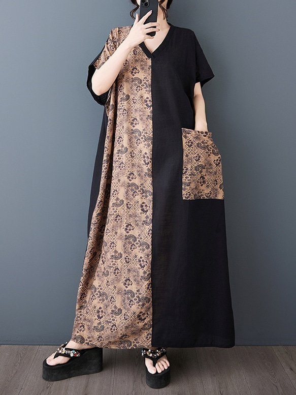 新型綿麻プリントエスニック通勤半袖ロングワンピース女性太ったmmサイズ婦人服 11枚目の画像