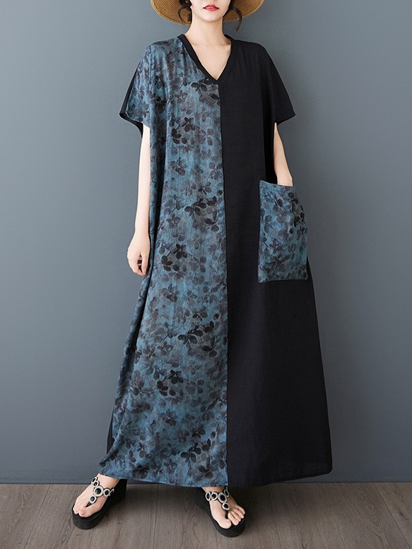 新型綿麻プリントエスニック通勤半袖ロングワンピース女性太ったmmサイズ婦人服 12枚目の画像