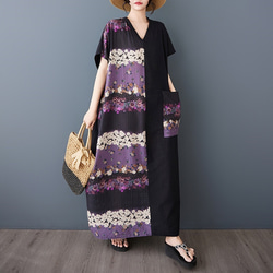 新型綿麻プリントエスニック通勤半袖ロングワンピース女性太ったmmサイズ婦人服 5枚目の画像