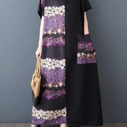 新型綿麻プリントエスニック通勤半袖ロングワンピース女性太ったmmサイズ婦人服 1枚目の画像