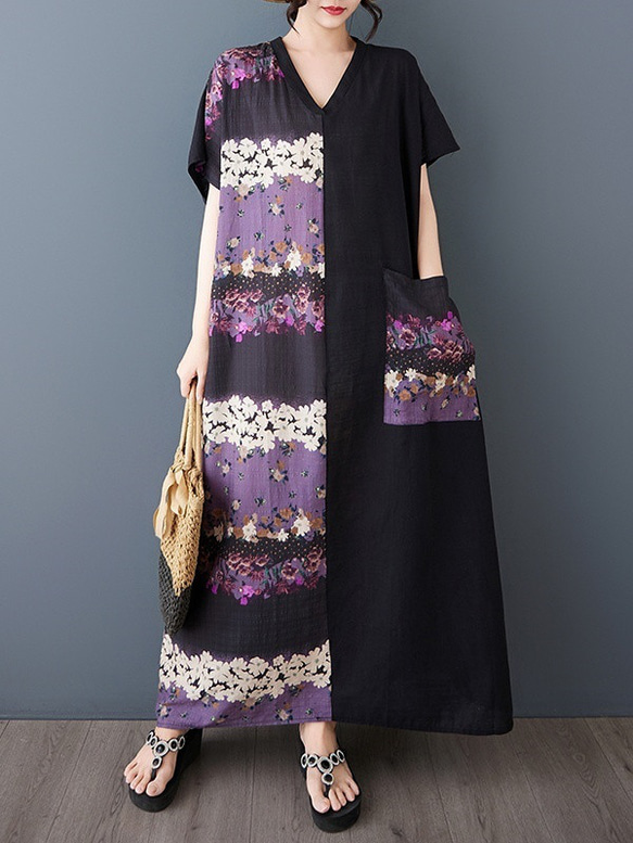 新型綿麻プリントエスニック通勤半袖ロングワンピース女性太ったmmサイズ婦人服 1枚目の画像