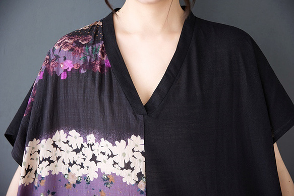 新型綿麻プリントエスニック通勤半袖ロングワンピース女性太ったmmサイズ婦人服 8枚目の画像