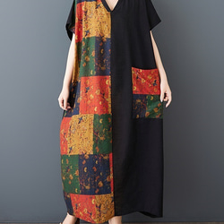 新型綿麻プリントエスニック通勤半袖ロングワンピース女性太ったmmサイズ婦人服 13枚目の画像