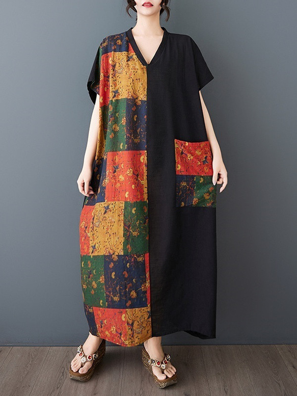 新型綿麻プリントエスニック通勤半袖ロングワンピース女性太ったmmサイズ婦人服 13枚目の画像