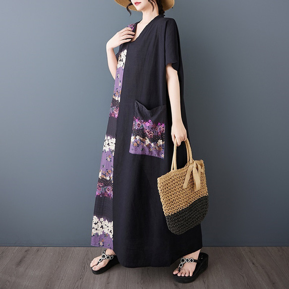 新型綿麻プリントエスニック通勤半袖ロングワンピース女性太ったmmサイズ婦人服 4枚目の画像