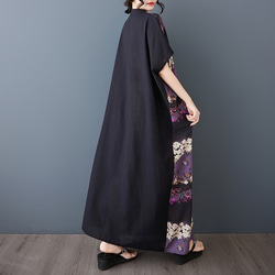 新型綿麻プリントエスニック通勤半袖ロングワンピース女性太ったmmサイズ婦人服 6枚目の画像