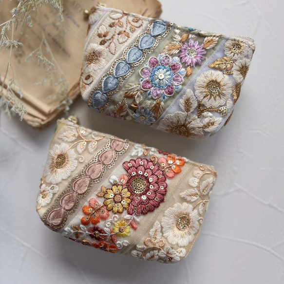 インド刺繍リボンのポーチ /（S）フェイクレザー 小物入れ