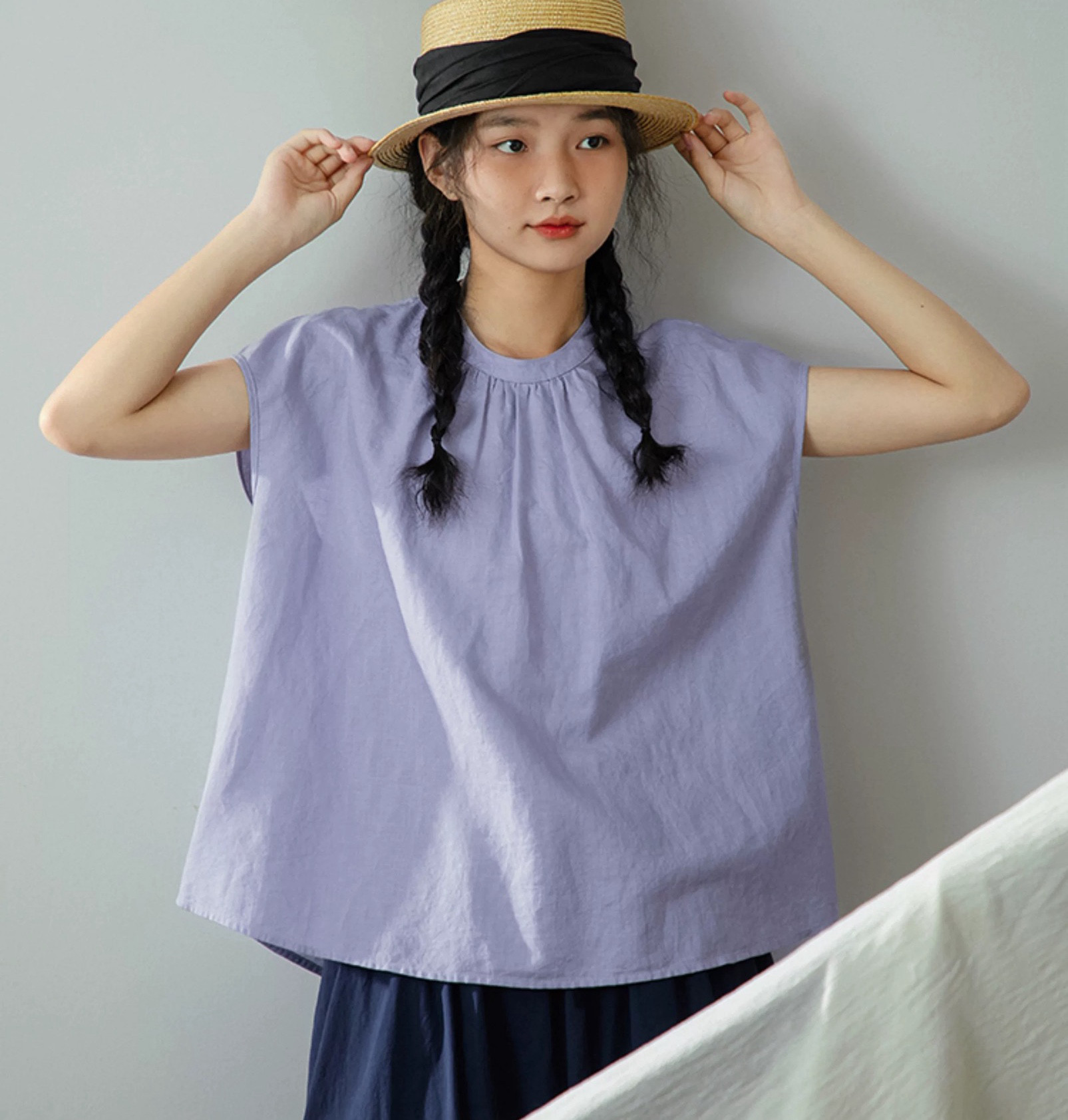 3色　ふんわりギャザーのブラウス・Tシャツ【秋春夏】白・ラベンダー・グリーン