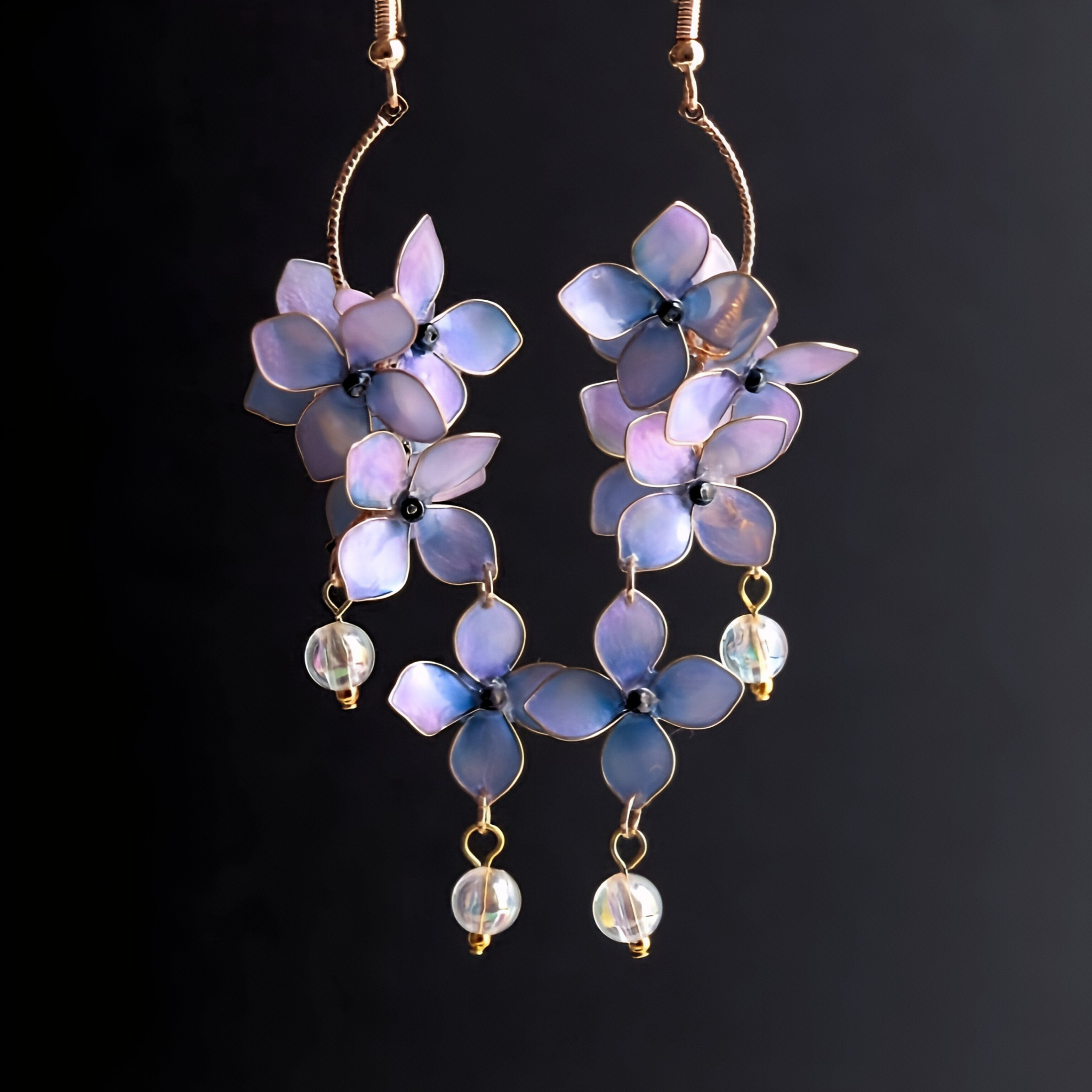 紫陽花とキラリと輝く雨粒のピアス/イヤリング　うるツヤ/ゆれる/ロング/浴衣/夏祭り/夏の花/梅雨/夏の誕生花2025