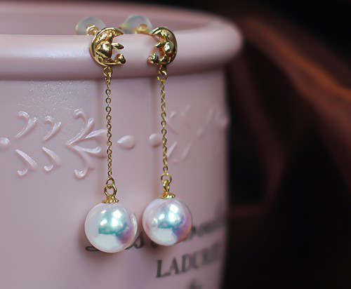 【La Corser】日本製アコヤ天然海水真珠ピアス、イヤリングワイヤー、イヤリングスタッド、18Kゴールドロングピアス、ラウン