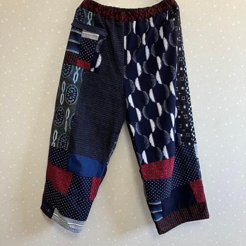 No.153つぎはぎパンツ パッチワークフリーサイズゆったり久留米絣  