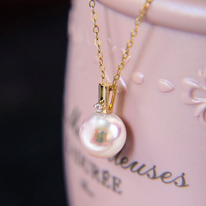 【La Corser】小さなゴールドバーペンダント、日本製7-10mmアコヤ天然海水真珠ネックレス、18Kゴールドダイヤモンド鎖