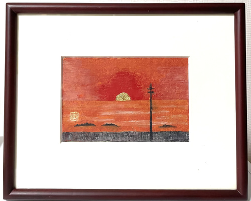 油絵　原画　港の夕日 船、灯台、キャンバスの港の元の油絵。海の上の豊かな黄金の夕日