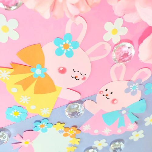 うさぎ リボン 花 画用紙 メッセージカード 色紙 手紙 壁面 アルバム