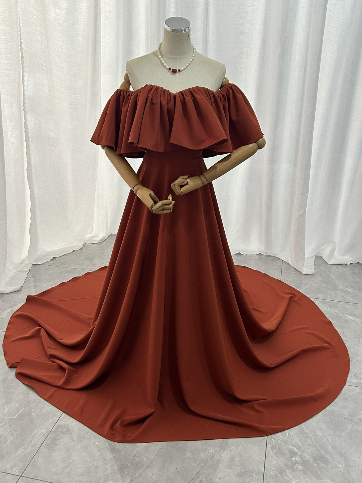 カラードレス テラコッタ色 オフショルダー ロングトレーン 前撮り2次会/挙式/花嫁