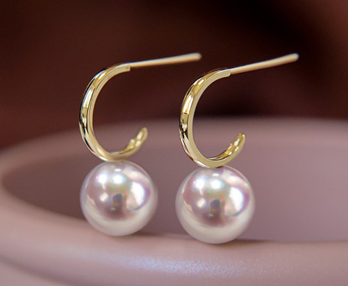 【ラコルセ】ハーフサークル 日本製 7-9.5mm アコヤ 天然海水真珠 ピアス 18金 通勤 彼女へのプレゼント