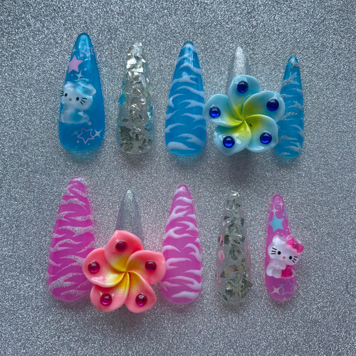 ロングネイルチップ ギャルネイル ゼブラネイル ハイビスカスネイル