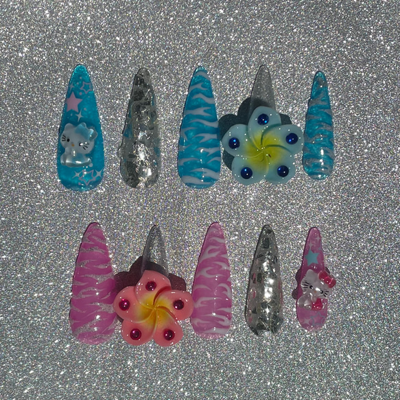 ロングネイルチップ ギャルネイル ゼブラネイル ハイビスカス