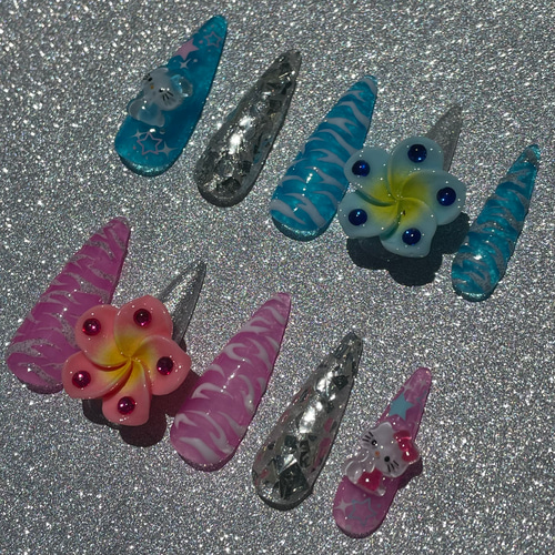 ハイブラ ネイルパーツ♡cc ロングネイルチップ ギャルネイル ゼブラネイル ハイビスカスネイル