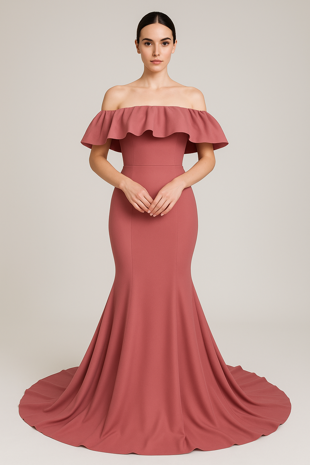 送料無料！パーティードレス オフショルダー マーメイドライン ファスナー クレープ生地 テラコッタ色 前撮り 二次会