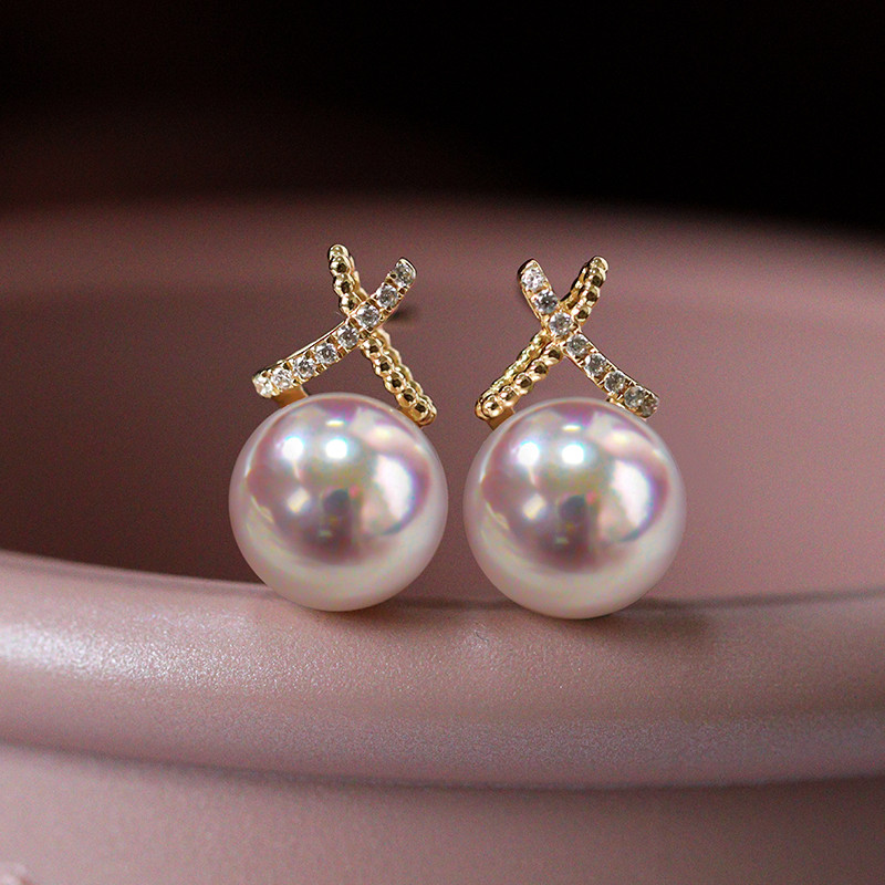 【La Corser】日本製 7-9.5mm アコヤ真珠 天然海水真珠 ピアス 18Kゴールド ダイヤモンド ダブルレイヤー ク