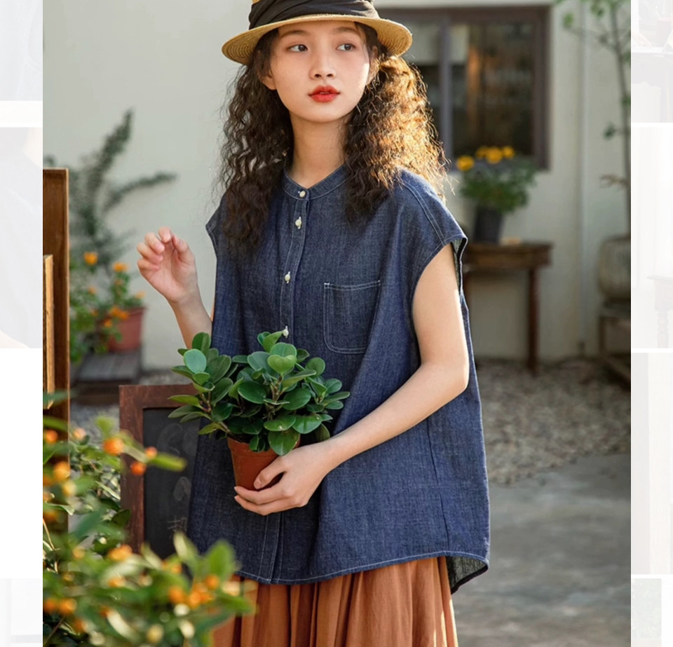 オシャレ感ステッチ　薄手デニムふんわりシルエットのブラウス【秋春夏】インディゴ