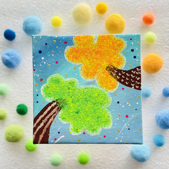 10cm】仲良しな木 キャンバスアート カラフル アクリル絵の具 ※運気