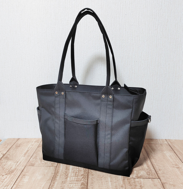 コーデュラナイロン×本革トートバッグL｜軽量＆撥水・13インチPC対応〈自立・多ポケット仕様〉ブラック 1枚目の画像