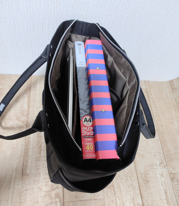 コーデュラナイロン×本革トートバッグL｜軽量＆撥水・13インチPC対応〈自立・多ポケット仕様〉ブラック 8枚目の画像