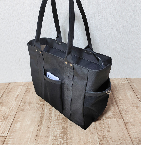 コーデュラナイロン×本革トートバッグL｜軽量＆撥水・13インチPC対応〈自立・多ポケット仕様〉ブラック 3枚目の画像