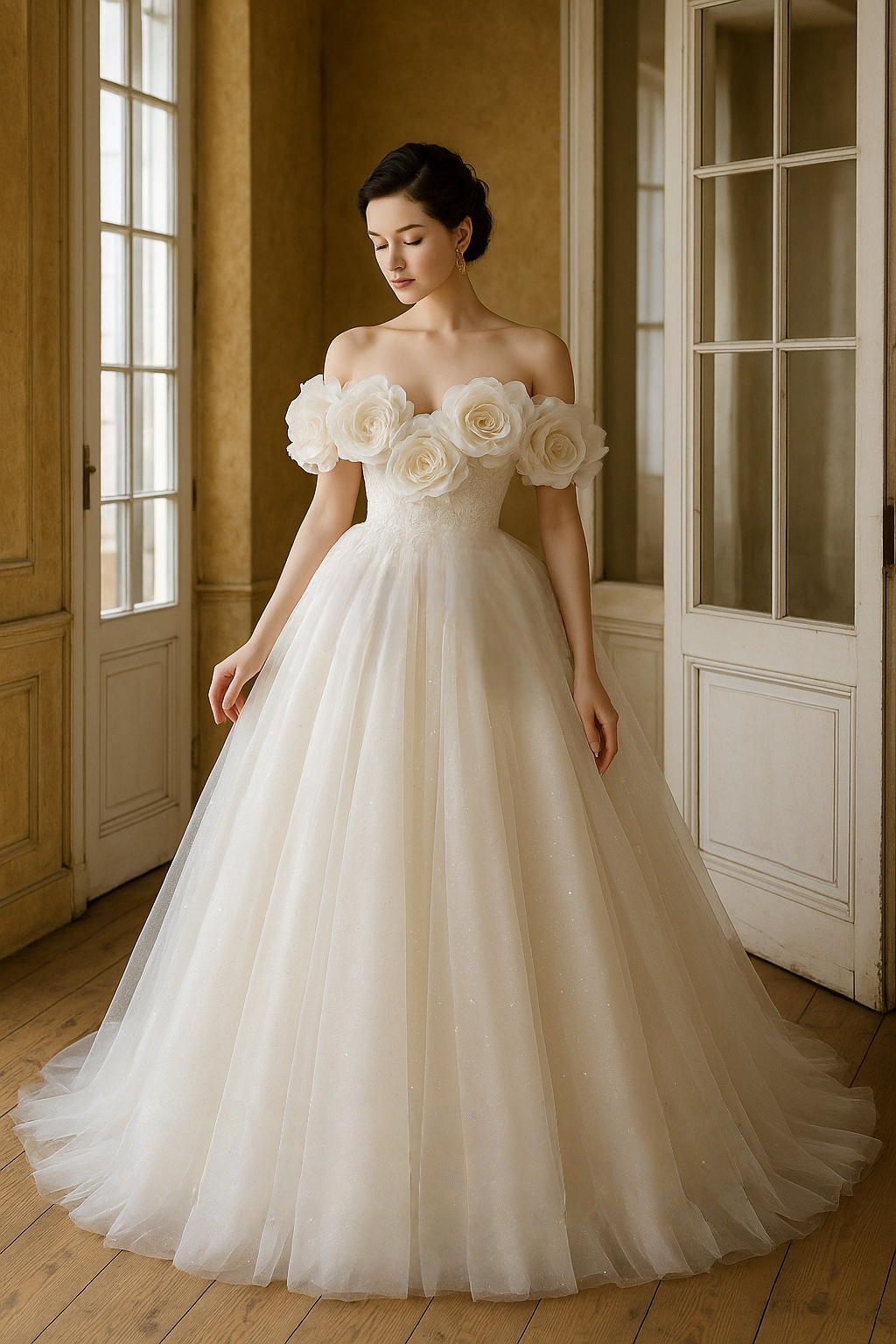 フラワーウエディングドレス　キラキラグリッターチュール　30cmトレーン オフショルダー　結婚式