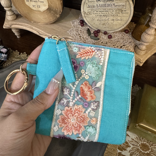 L字型ファスナー❤️インド刺繍リボンハーフウォレット✨スマートキー
