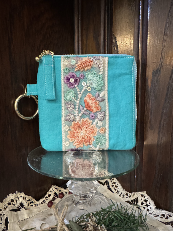 L字型ファスナー❤️インド刺繍リボンハーフウォレット✨スマートキー