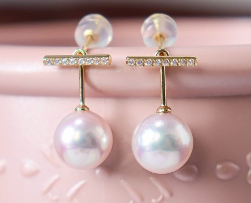 【La Corser】日本製 6.5-10mm アコヤ真珠 天然海水真珠ピアス ペア 18Kゴールド ダイヤモンドピアス