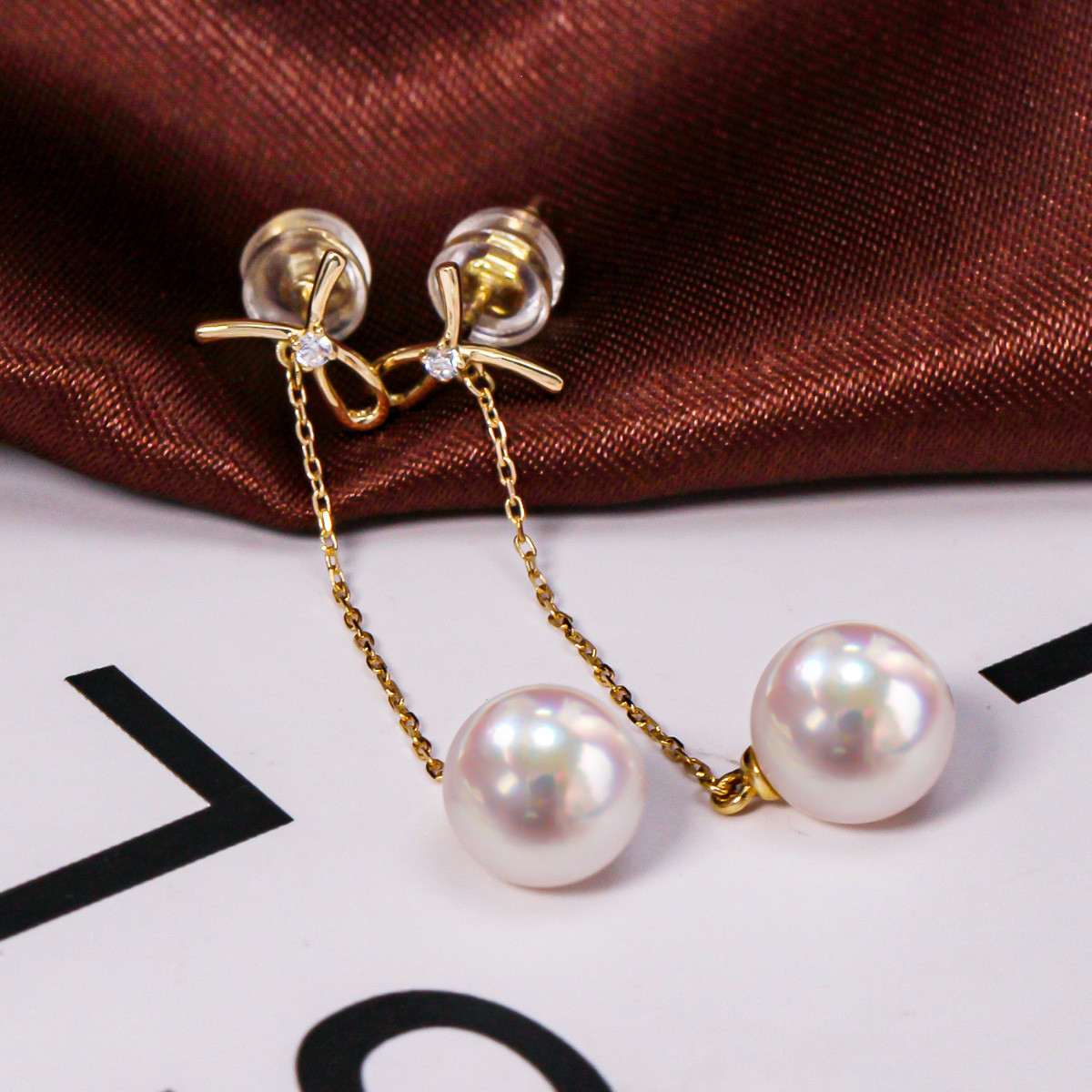 【La Corser】日本製 7-10mm アコヤ真珠 天然海水真珠 ピアス ロング リボン ピアス 18Kゴールド シングルピ