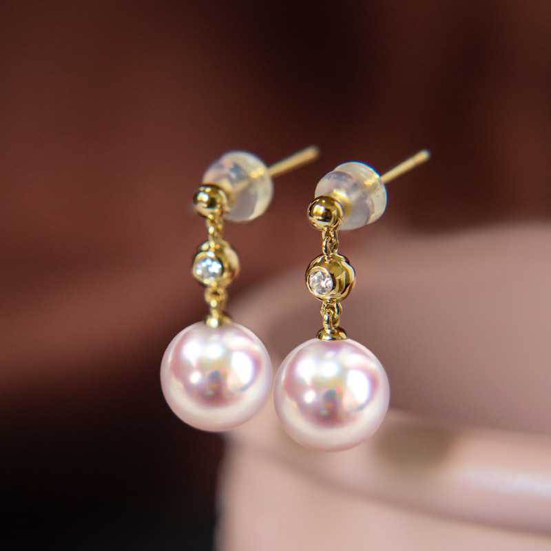 【La Corser】日本製 6.5-9.5mm アコヤ真珠 天然海水真珠 イヤリング 18Kゴールド イヤリングワイヤー ダイ