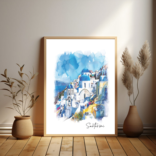 A4 サントリーニ島 ギリシャ 水彩画アート ｜インテリアポスター