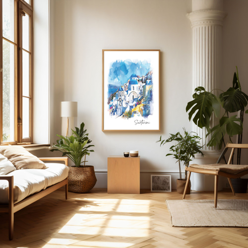 サントリーニ島 ギリシャ 水彩画アート ｜インテリアポスター