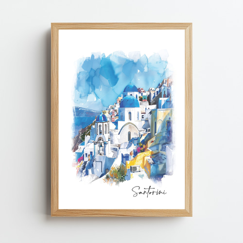 A4 サントリーニ島 ギリシャ 水彩画アート ｜インテリアポスター