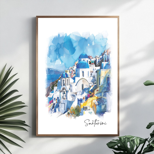 A4 サントリーニ島 ギリシャ 水彩画アート ｜インテリアポスター